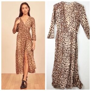 Reformation Alessandra Animal Print V-Neck Preppy Wrap Midi Dress Mobwife